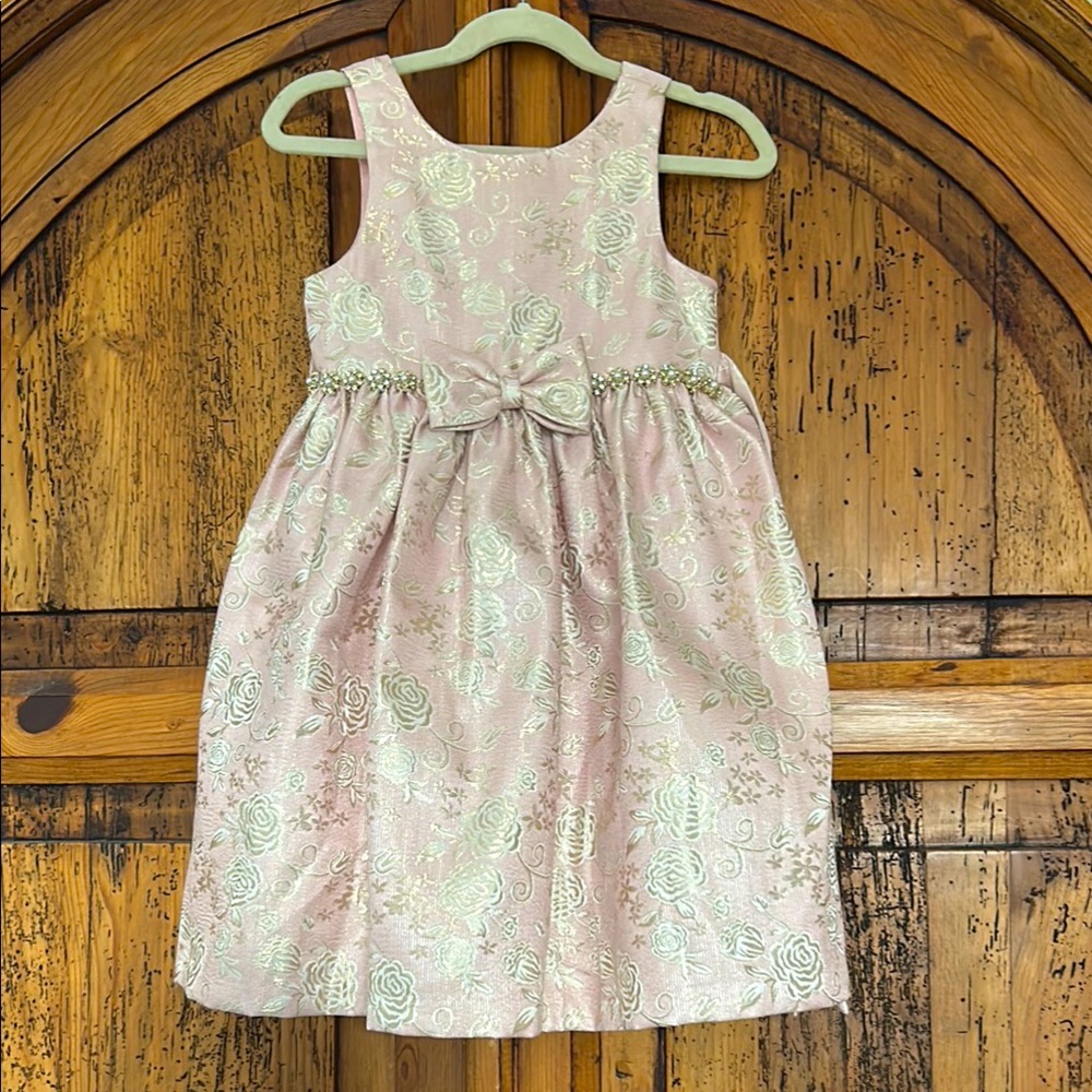 American Princess Elegant Pink & Gold Floral Dress with Bow Tulle Satin Lining